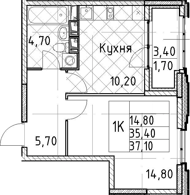 1-комнатная квартира 37.1 м², 5/13 эт., ЖК «Тайм Сквер»